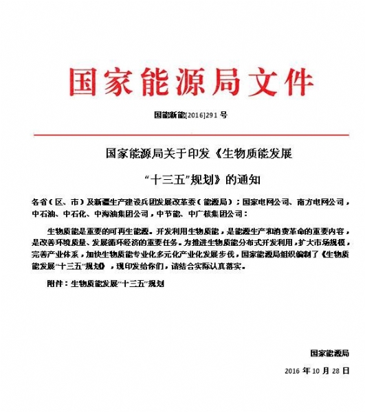 國家能源局關(guān)于印發(fā)《生物質(zhì)能發(fā)展“十三五”規劃》的通知